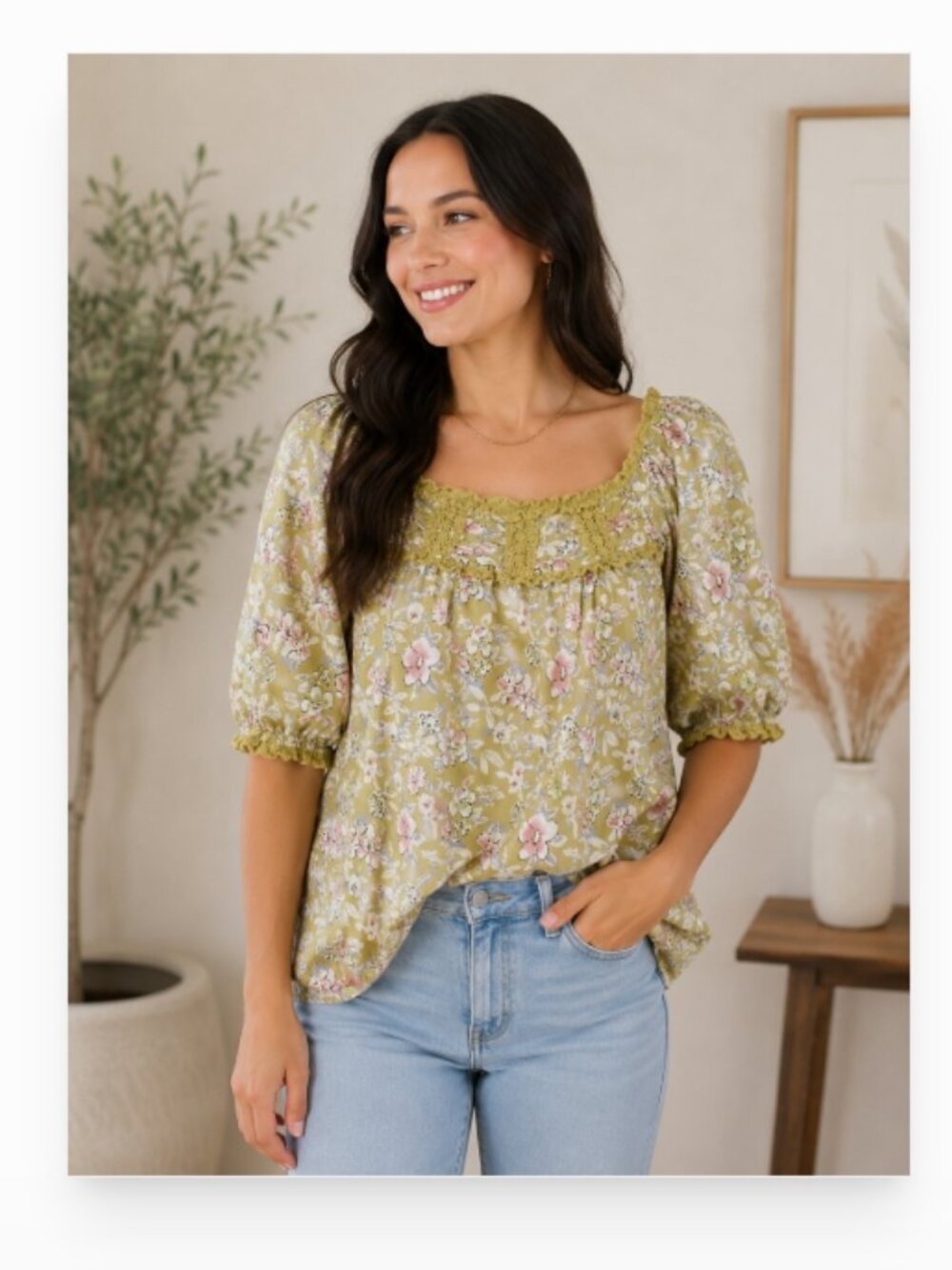 Solitaire women's L balloon sleeve boho floral print crochet trim blouse GUC